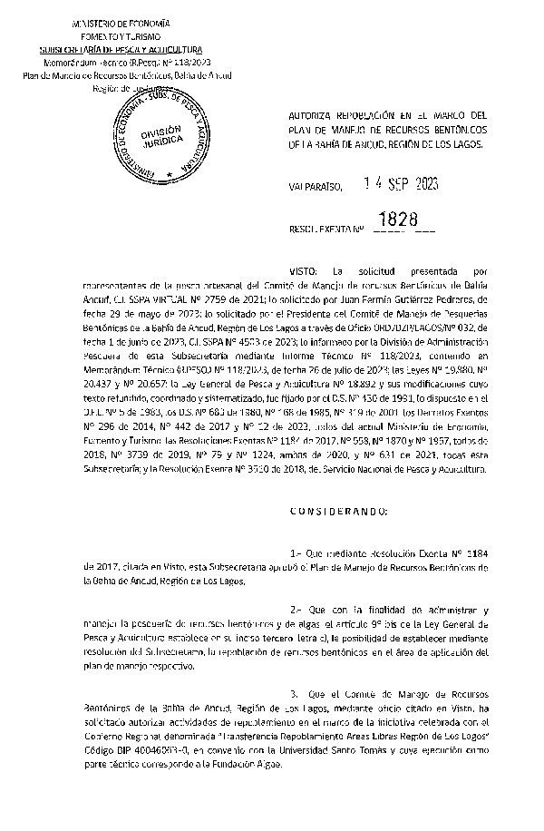 Res. Ex. N° 1828-2023 Autoriza Repoblación en el Marco del Plan de Manejo de Recursos Bentónicos de la Bahía de Ancud, Región de Los Lagos. (Publicado en Página Web 20-09-2023)