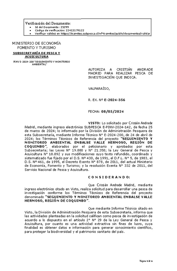 R. EX. Nº E-2024-356 AUTORIZA A CRISTIÁN ANDRADE MADRID PARA REALIZAR PESCA DE INVESTIGACIÓN QUE INDICA. (Publicado en Página Web 09-05-2024)
