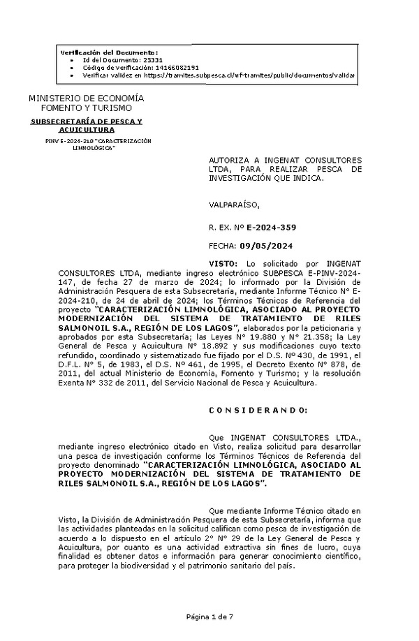 R. EX. Nº E-2024-359 AUTORIZA A INGENAT CONSULTORES LTDA, PARA REALIZAR PESCA DE INVESTIGACIÓN QUE INDICA. (Publicado en Página Web 09-05-2024)