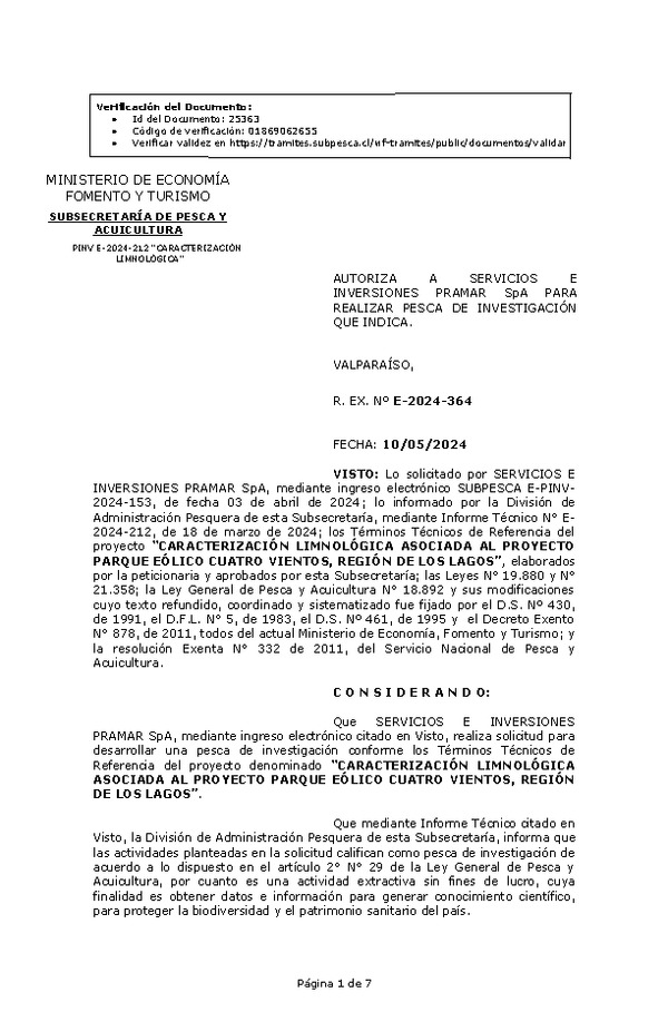 R. EX. Nº E-2024-364 AUTORIZA A SERVICIOS E INVERSIONES PRAMAR SpA PARA REALIZAR PESCA DE INVESTIGACIÓN QUE INDICA. (Publicado en Página Web 10-05-2024)