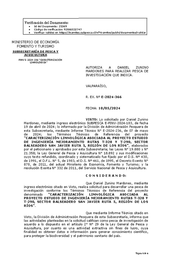 R. EX. Nº E-2024-366 AUTORIZA A DANIEL ZUNINO MARDONES PARA REALIZAR PESCA DE INVESTIGACIÓN QUE INDICA. (Publicado en Página Web 10-05-2024)