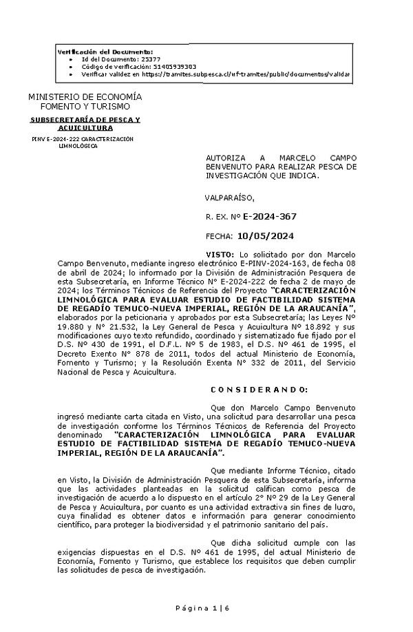 R. EX. Nº E-2024-367 AUTORIZA A MARCELO CAMPO BENVENUTO PARA REALIZAR PESCA DE INVESTIGACIÓN QUE INDICA. (Publicado en Página Web 13-05-2024)