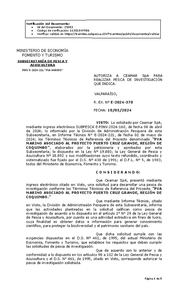 R. EX. Nº E-2024-370 AUTORIZA A CEAMAR SpA PARA REALIZAR PESCA DE INVESTIGACIÓN QUE INDICA. (Publicado en Página Web 13-05-2024)