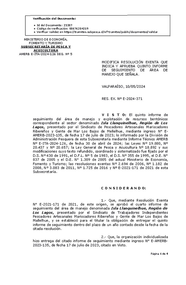 RES. EX. Nº E-2024-371 Modifica resolución que indica, aprueba 5° Seguimiento. (Publicado en Página Web 13-05-2024)