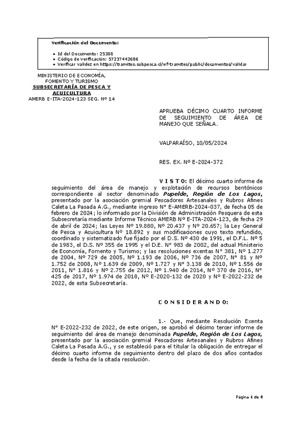 RES. EX. Nº E-2024-372 aprueba 14° Seguimiento. (Publicado en Página Web 13-05-2024)