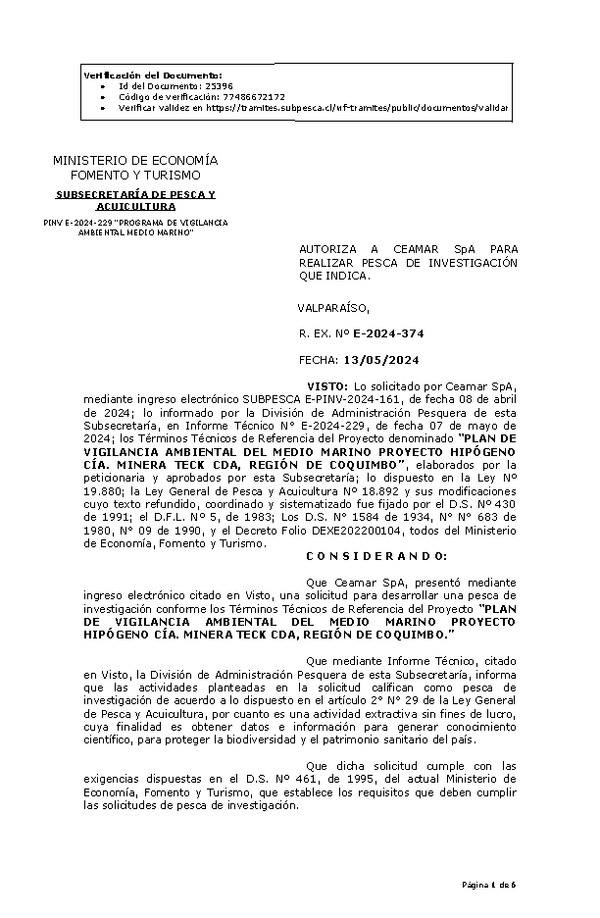 R. EX. Nº E-2024-374 AUTORIZA A CEAMAR SpA PARA REALIZAR PESCA DE INVESTIGACIÓN QUE INDICA. (Publicado en Página Web 14-05-2024)
