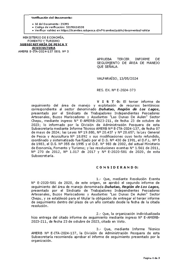 RESOL. EXENTA Nº E-2024-373 Aprueba 3° Seguimiento. (Publicado en Página Web 14-05-2024)