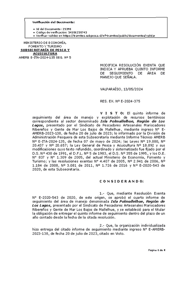 RESOL. EXENTA Nº E-2024-375 Modifica Resolución que Indica. Aprueba 5° Seguimiento. (Publicado en Página Web 14-05-2024)