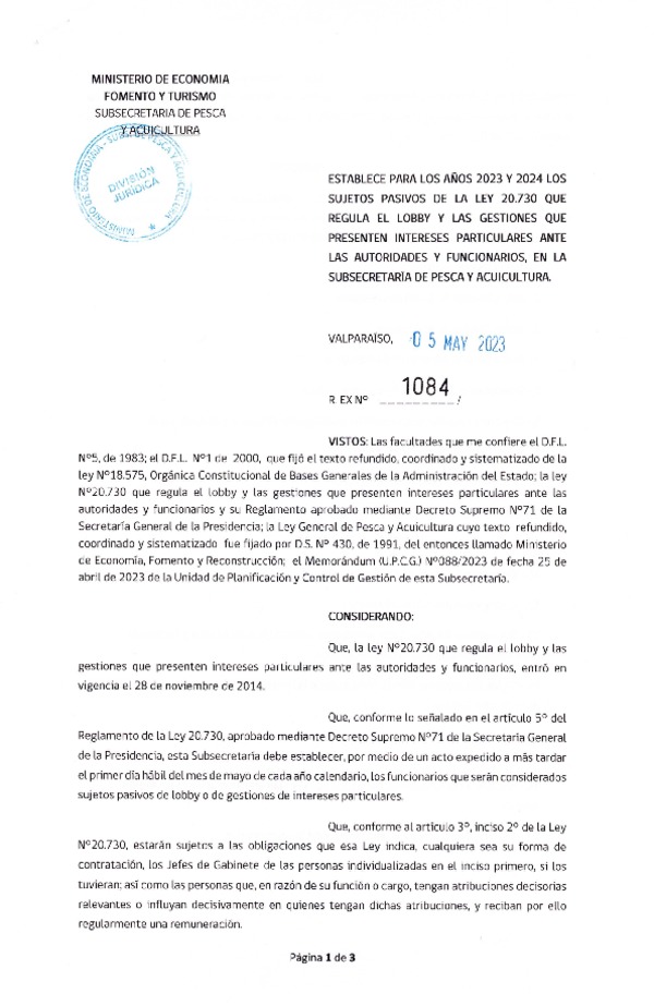 Res. Ex. N°1084-2023, establece para los años 2023 y 2024 los sujetos pasivos de la Ley 20.730 que regula el Lobby y las gestiones que presenten intereses particulares ante las autoridades y funcionarios, en la Subsecretaría de Pesca y Acuicultura