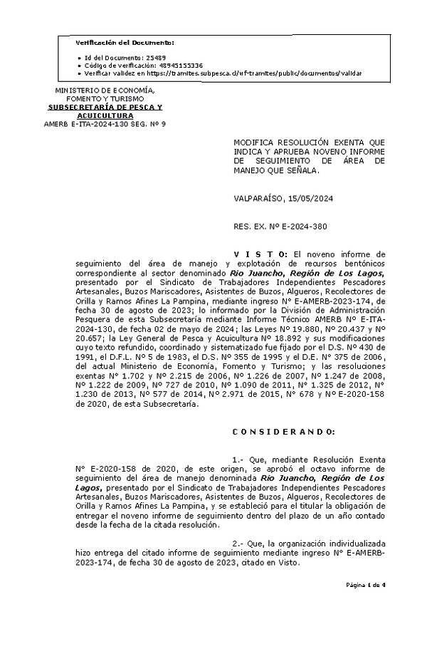 RESOL. EXENTA Nº E-2024-380 Modifica resolución que indica, Aprueba noveno seguimiento. (Publicado en Página Web 16-05-2024)