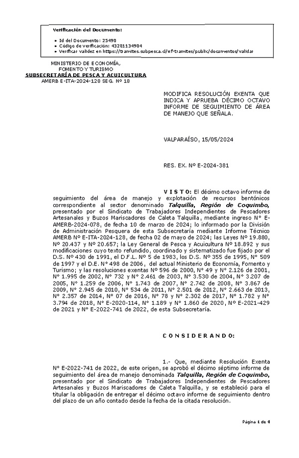 RESOL. EXENTA Nº E-2024-381 Modifica resolución que indica, Aprueba décimo octavo informe de seguimiento. (Publicado en Página Web 16-05-2024)