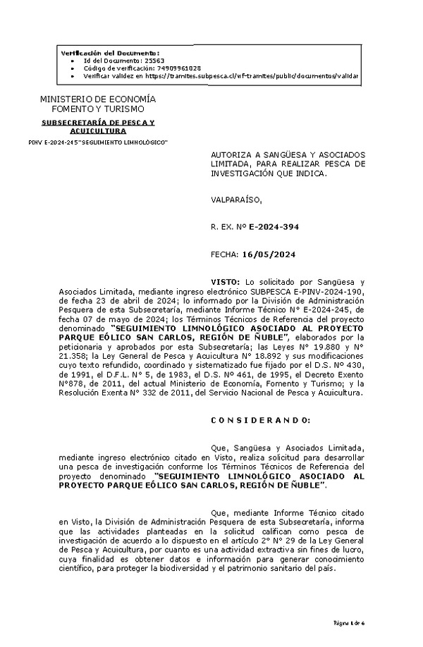 R. EX. Nº E-2024-394 AUTORIZA A SANGÜESA Y ASOCIADOS LIMITADA, PARA REALIZAR PESCA DE INVESTIGACIÓN QUE INDICA. (Publicado en Página Web 17-05-2024)