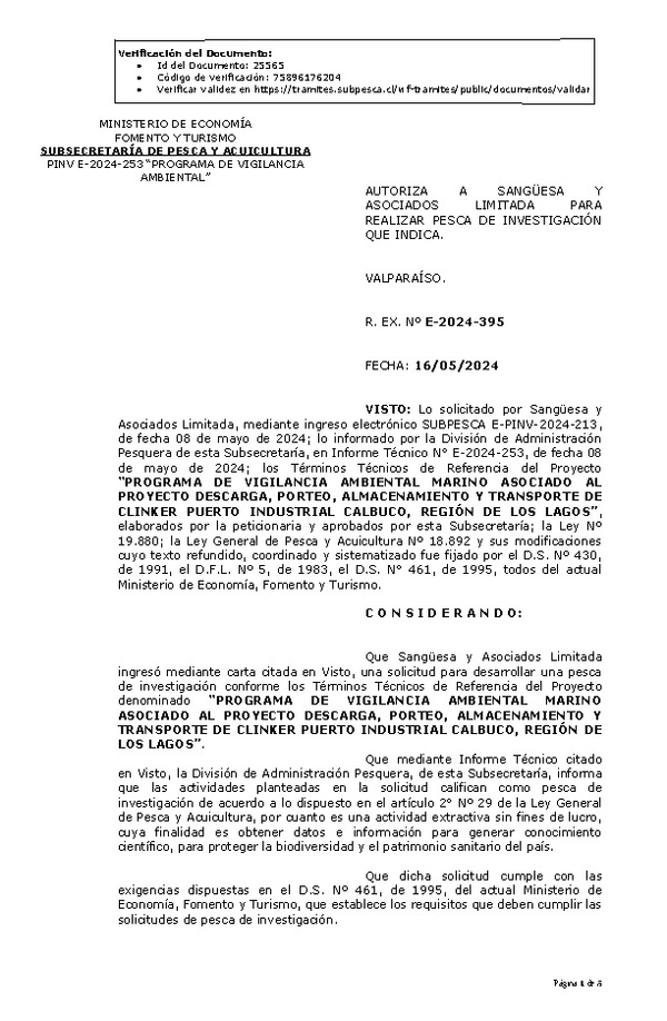 R. EX. Nº E-2024-395 AUTORIZA A SANGÜESA Y ASOCIADOS LIMITADA PARA REALIZAR PESCA DE INVESTIGACIÓN QUE INDICA. (Publicado en Página Web 17-05-2024)