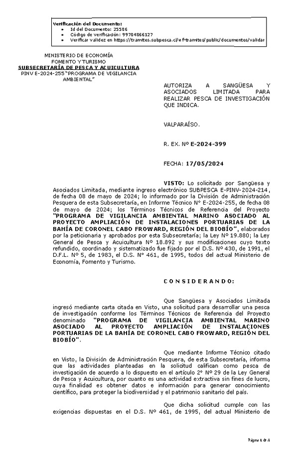 R. EX. Nº E-2024-399 AUTORIZA A SANGÜESA Y ASOCIADOS LIMITADA PARA REALIZAR PESCA DE INVESTIGACIÓN QUE INDICA. (Publicado en Página Web 20-05-2024)