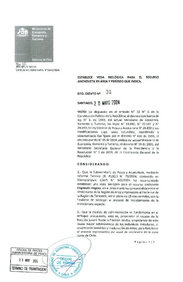Dec. Ex. N° 30-2024 Establece Veda Biológica para el Recurso Anchoveta, en Área y periodo que Indica. (Publicado en Página Web 20-05-2024).