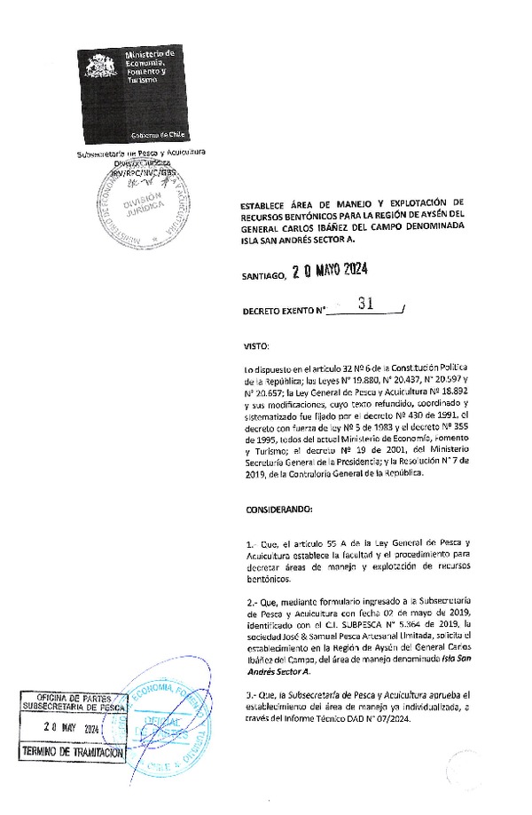 Dec. Ex. N° 31-2024 Establece Área de Manejo y Explotación de Recursos Bentónicos para la Región de Aysén del General Carlos Ibáñez del Campo Denominada Isla San Andrés Sector A. (Publicado en Página Web 22-05-2024)