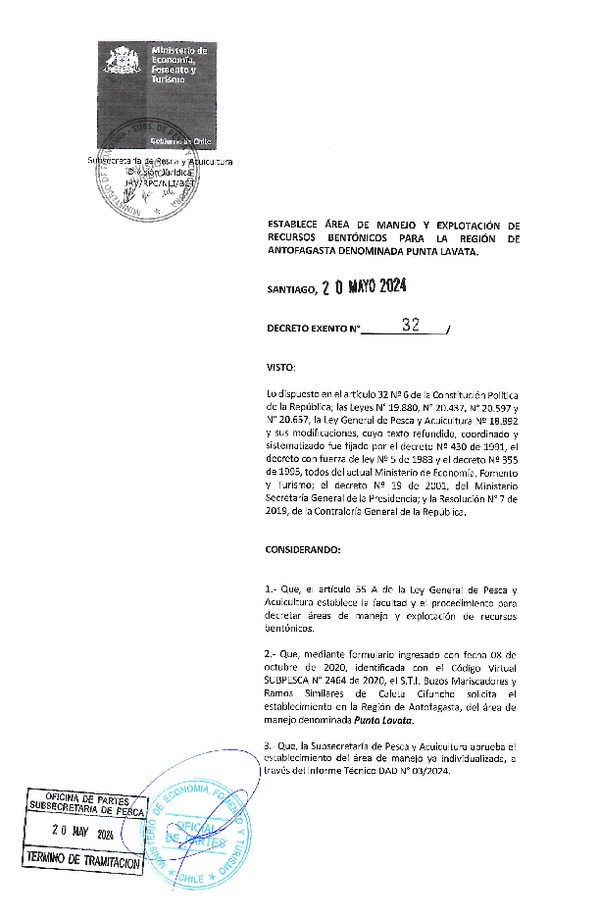 Dec. Ex. N° 32-2024 Establece Área de Manejo y Explotación de Recursos Bentónicos para la Región de Antofagasta Denominada Punta Lavata. (Publicado en Página Web 22-05-2024)