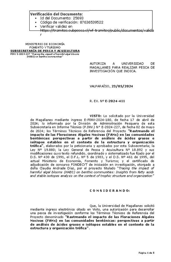 R. EX. Nº E-2024-411 AUTORIZA A UNIVERSIDAD DE MAGALLANES PARA REALIZAR PESCA DE INVESTIGACIÓN QUE INDICA. (Publicado en Página Web 23-05-2024)
