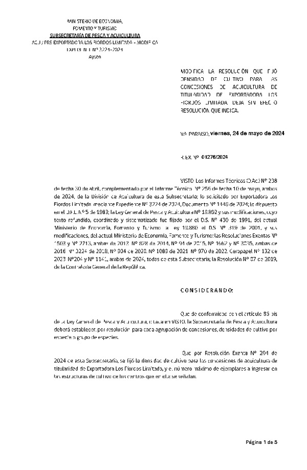 Res. Ex. N° 1276-2024 Modifica Res. Ex. N° 00204-2024 Fija densidad de cultivo para las concesiones de acuicultura de titularidad de Exportadora Los Fiordos Limitada. Aprueba Programa de Manejo que Indica. (Con informe técnico) (Publicado en Página Web 27-05-2024)