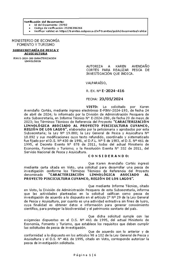 R. EX. Nº E-2024-416 AUTORIZA A KAREN AVENDAÑO CORTÉS PARA REALIZAR PESCA DE INVESTIGACIÓN QUE INDICA. (Publicado en Página Web 28-05-2024)