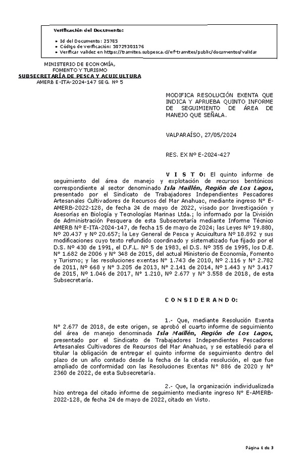 RES. EX Nº E-2024-427 Modifica resolución que indica, Aprueba quinto informe de seguimiento. (Publicado en Página Web 28-05-2024)