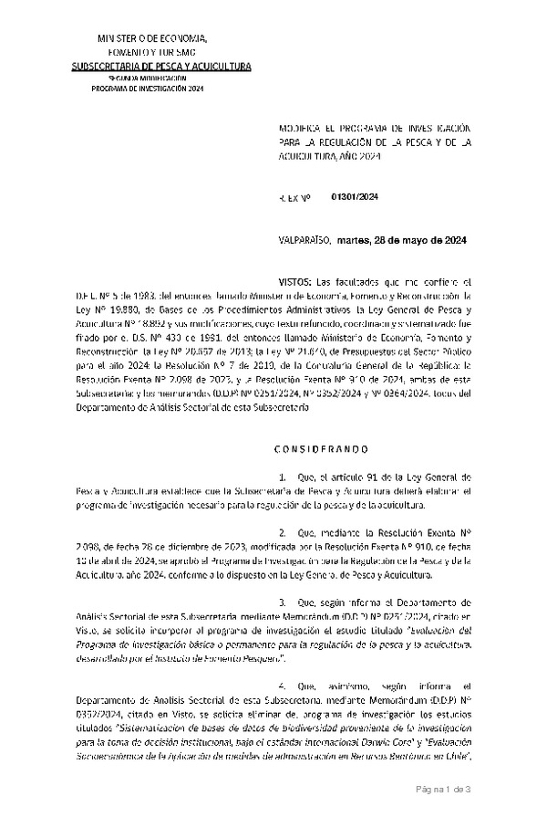 Res. Ex. N° 1301-2024 Modifica Res. Ex. N° 2098-2023 Aprueba Programa de Investigación para la Regulación de la Pesca y de la Acuicultura año 2024. (Publicado en Página Web 29-05-2024)