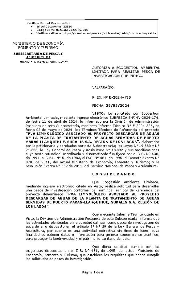 R. EX. Nº E-2024-430 AUTORIZA A ECOGESTIÓN AMBIENTAL LIMITADA PARA REALIZAR PESCA DE INVESTIGACIÓN QUE INDICA. (Publicado en Página Web 30-05-2024)