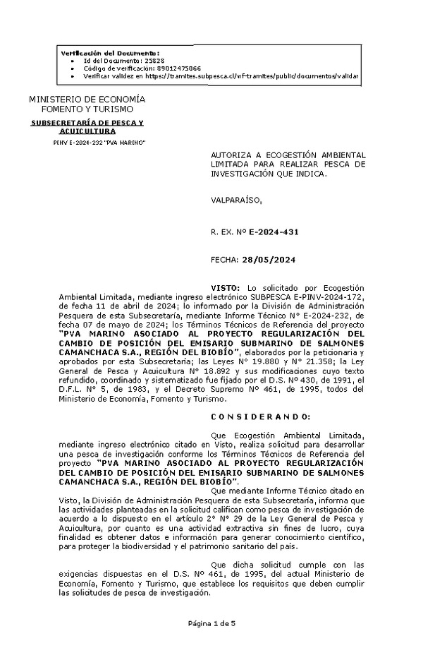 R. EX. Nº E-2024-431 AUTORIZA A ECOGESTIÓN AMBIENTAL LIMITADA PARA REALIZAR PESCA DE INVESTIGACIÓN QUE INDICA. (Publicado en Página Web 30-05-2024)