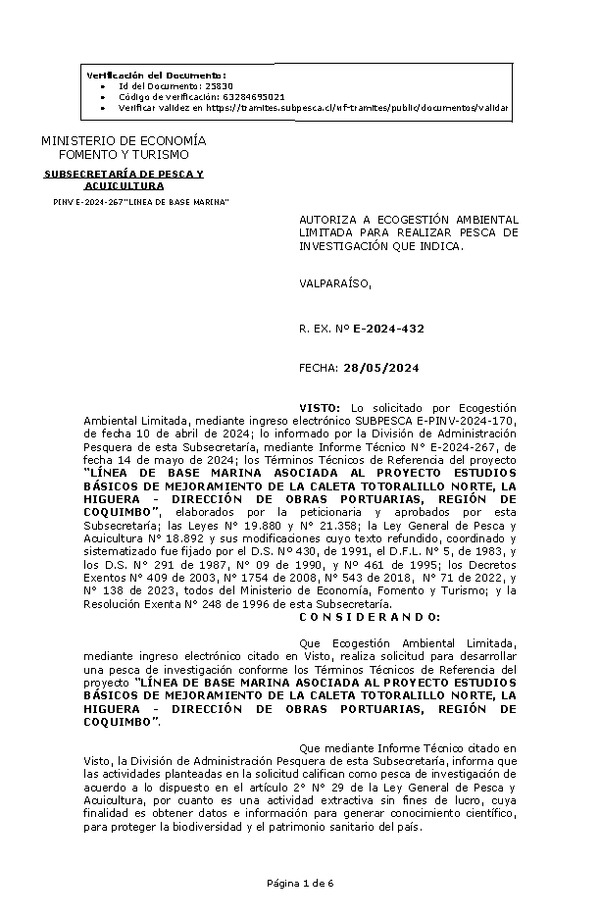 R. EX. Nº E-2024-432 AUTORIZA A ECOGESTIÓN AMBIENTAL LIMITADA PARA REALIZAR PESCA DE INVESTIGACIÓN QUE INDICA. (Publicado en Página Web 30-05-2024)