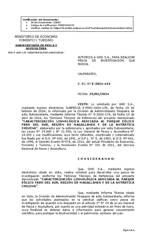 R. EX. Nº E-2024-433 AUTORIZA A GHD S.A., PARA REALIZAR PESCA DE INVESTIGACIÓN QUE INDICA. (Publicado en Página Web 30-05-2024)