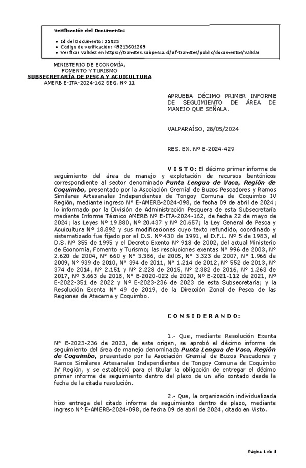 RES. EX. Nº E-2024-429 Aprueba décimo seguimiento. (Publicado en Página Web 30-05-2024)