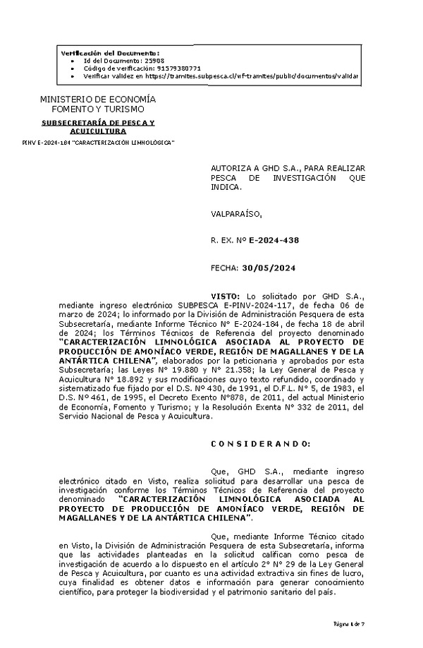 R. EX. Nº E-2024-438 AUTORIZA A GHD S.A., PARA REALIZAR PESCA DE INVESTIGACIÓN QUE INDICA. (Publicado en Página Web 31-05-2024)