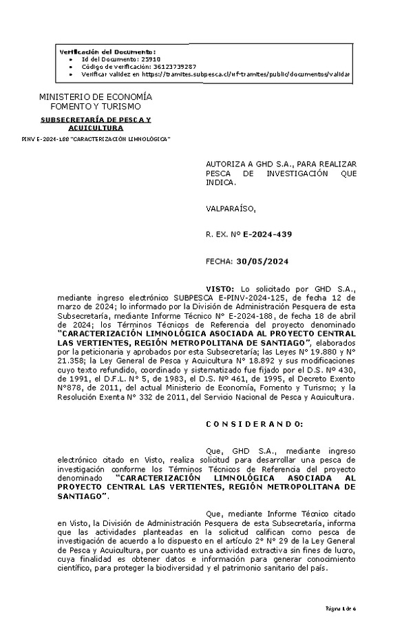 R. EX. Nº E-2024-439 AUTORIZA A GHD S.A., PARA REALIZAR PESCA DE INVESTIGACIÓN QUE INDICA. (Publicado en Página Web 31-05-2024)