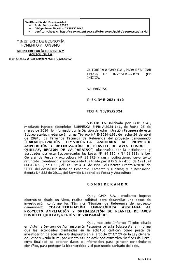 R. EX. Nº E-2024-439 AUTORIZA A GHD S.A., PARA REALIZAR PESCA DE INVESTIGACIÓN QUE INDICA. (Publicado en Página Web 31-05-2024)