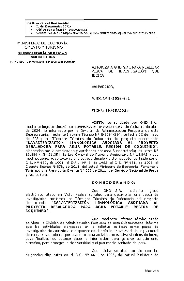 R. EX. Nº E-2024-441 AUTORIZA A GHD S.A., PARA REALIZAR PESCA DE INVESTIGACIÓN QUE INDICA. (Publicado en Página Web 31-05-2024)