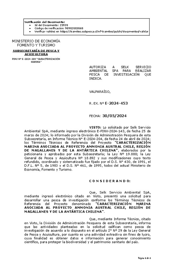 R. EX. Nº E-2024-453 AUTORIZA A SELK SERVICIO AMBIENTAL SPA PARA REALIZAR PESCA DE INVESTIGACIÓN QUE INDICA. (Publicado en Página Web 31-05-2024)