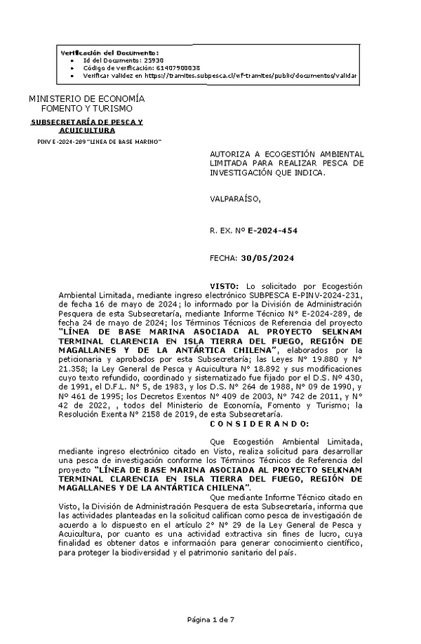 R. EX. Nº E-2024-454 AUTORIZA A ECOGESTIÓN AMBIENTAL LIMITADA PARA REALIZAR PESCA DE INVESTIGACIÓN QUE INDICA. (Publicado en Página Web 31-05-2024)