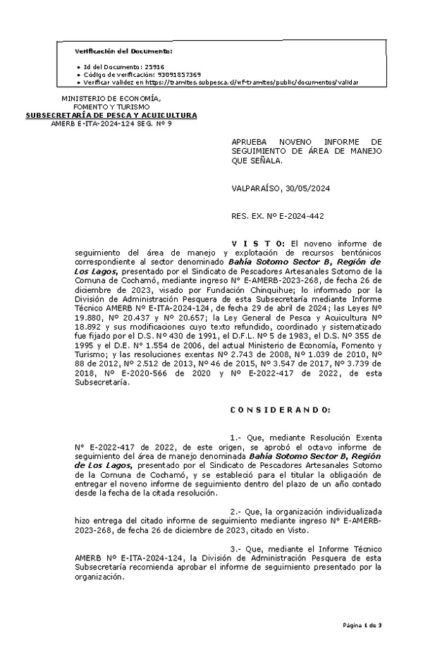 RESOL. EXENTA Nº E-2024-442 Aprueba noveno informe de seguimiento. (Publicado en Página Web 31-05-2024)