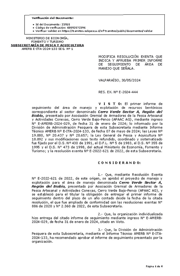 RESOL. EXENTA Nº E-2024-444 Modifica resolución que indica, Aprueba primer informe de seguimiento. (Publicado en Página Web 31-05-2024)