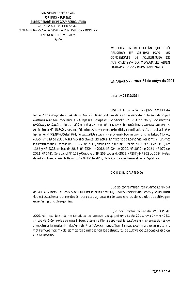 Res. Ex. N° 1342-2024 Modifica Res. Ex. N° 1441-2023 Fija densidad de cultivo para las concesiones de titularidad de Australis Mar S.A. y Salmones Alpen Limitada, como Grupo Empresarial. (Con informe técnico) (Publicado en Página Web 04-06-2024)