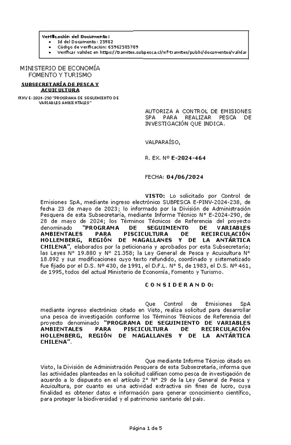 R. EX. Nº E-2024-464 AUTORIZA A CONTROL DE EMISIONES SPA PARA REALIZAR PESCA DE INVESTIGACIÓN QUE INDICA. (Publicado en Página Web 05-06-2024)