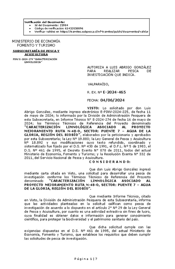 R. EX. Nº E-2024-465 AUTORIZA A LUIS ABRIGO GONZÁLEZ PARA REALIZAR PESCA DE INVESTIGACIÓN QUE INDICA. (Publicado en Página Web 05-06-2024)