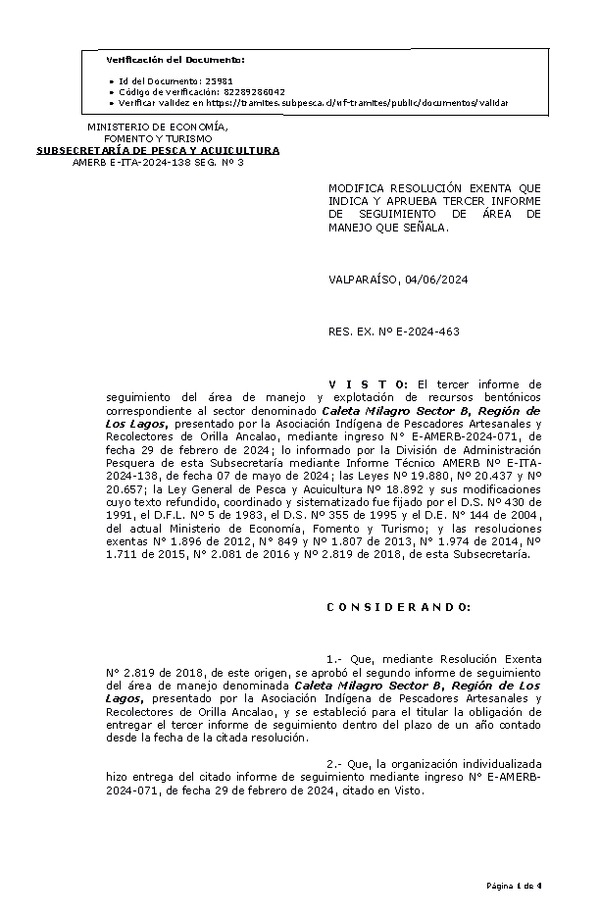 Res. Ex. N° E-2024-463, Modifica resolución que indica, Aprueba tercer informe de Seguimiento. (Publicado en Página Web 05-06-2024)