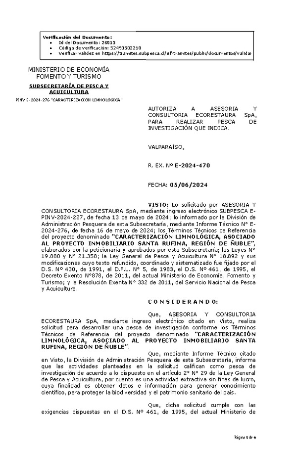 R. EX. Nº E-2024-470 AUTORIZA A ASESORIA Y CONSULTORIA ECORESTAURA SpA, PARA REALIZAR PESCA DE INVESTIGACIÓN QUE INDICA. (Publicado en Página Web 07-06-2024)