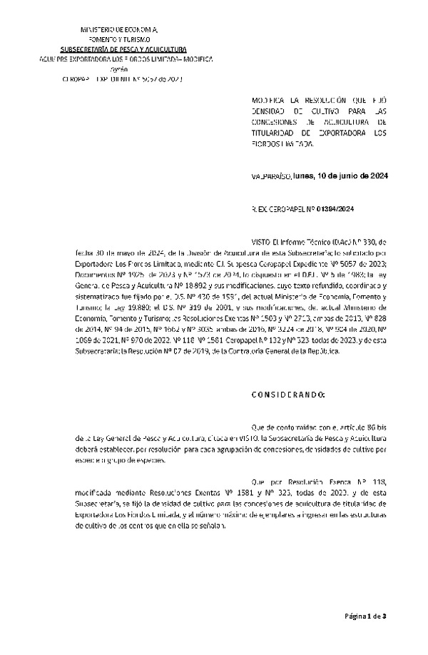 Res. Ex. N° 1394-2024 Modifica Res. Ex. N° 118-2023 Fija densidad de cultivo las concesiones de acuicultura de titularidad de de Exportadora Los Fiordos Limitada, Aprueba programa de manejo que indica. (Con Informe Técnico) (Publicado en Página Web 10-06-2024)