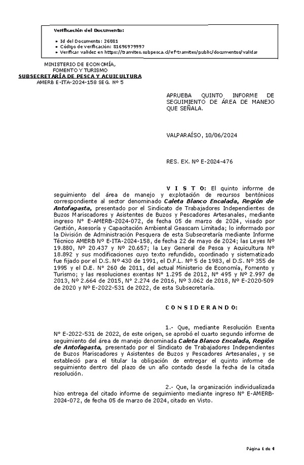 RESOL. EXENTA Nº E-2024-476 Aprueba 5° seguimiento. (Publicado en Página Web 12-06-2024)