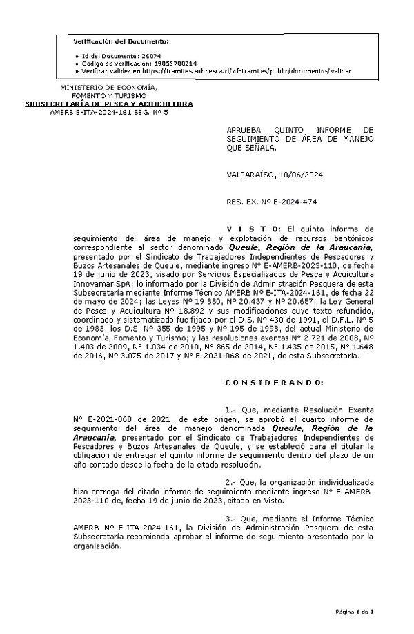 RESOL. EXENTA Nº E-2024-474 Aprueba 5° seguimiento. (Publicado en Página Web 12-06-2024)