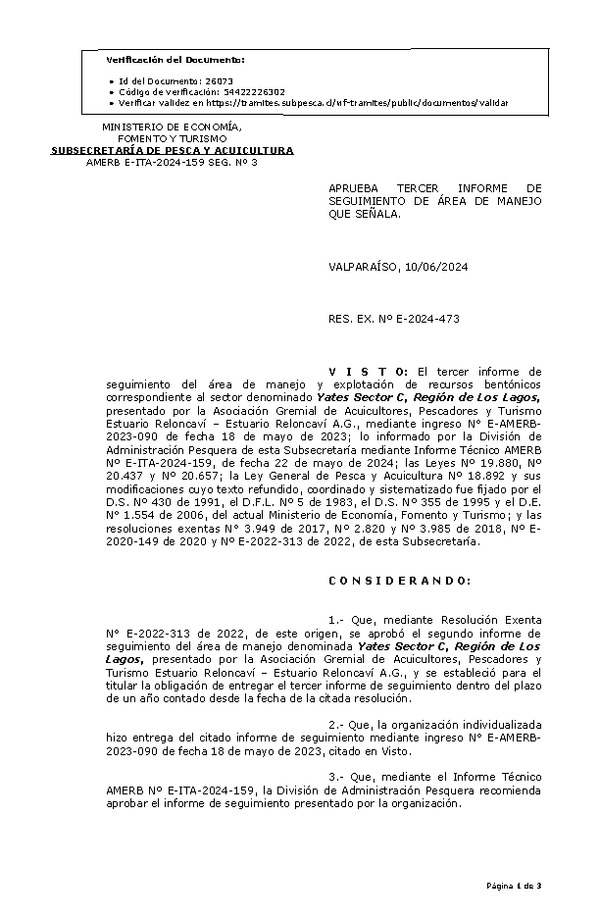 RESOL. EXENTA Nº E-2024-473 Aprueba tercer informe de seguimiento. (Publicado en Página Web 12-06-2024)