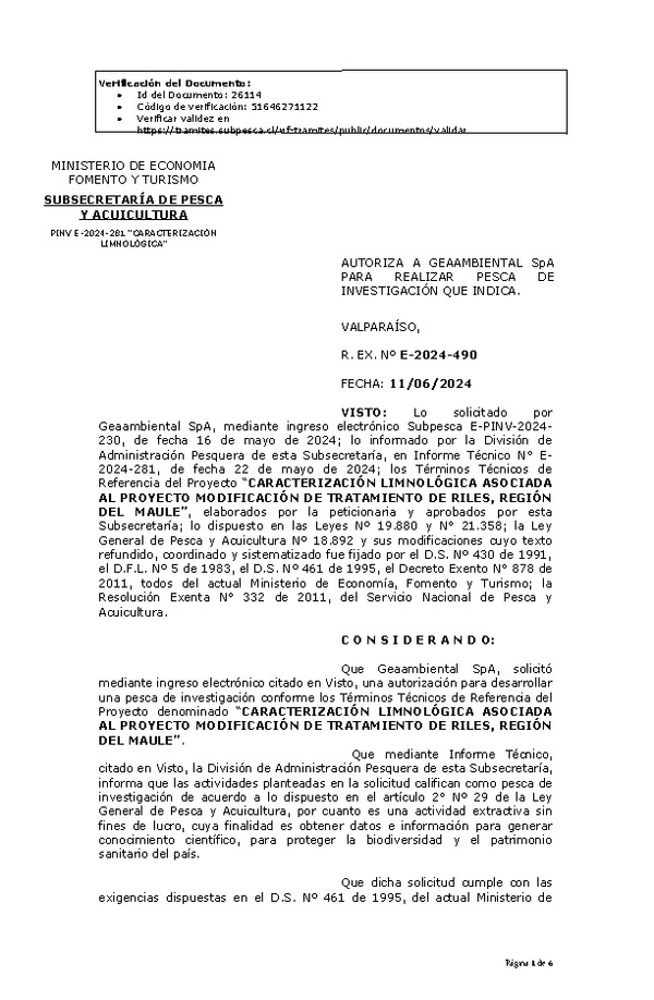 R. EX. Nº E-2024-490 AUTORIZA A GEAAMBIENTAL SpA PARA REALIZAR PESCA DE INVESTIGACIÓN QUE INDICA. (Publicado en Página Web 13-06-2024)