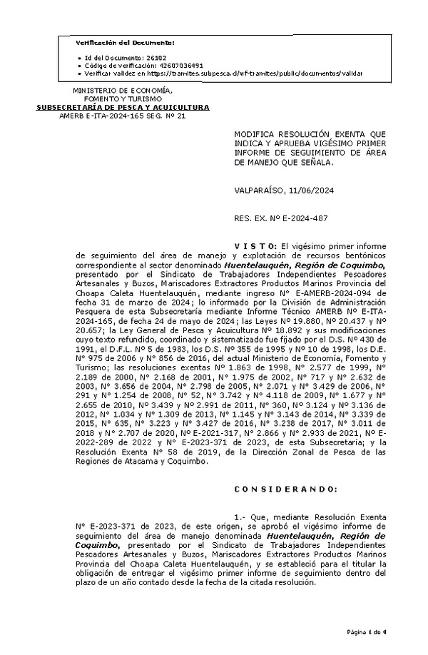 RESOL. EXENTA Nº E-2024-487 Modifica resolución que indica, Aprueba vigésimo primer informe de seguimiento. (Publicado en Página Web 14-06-2024)